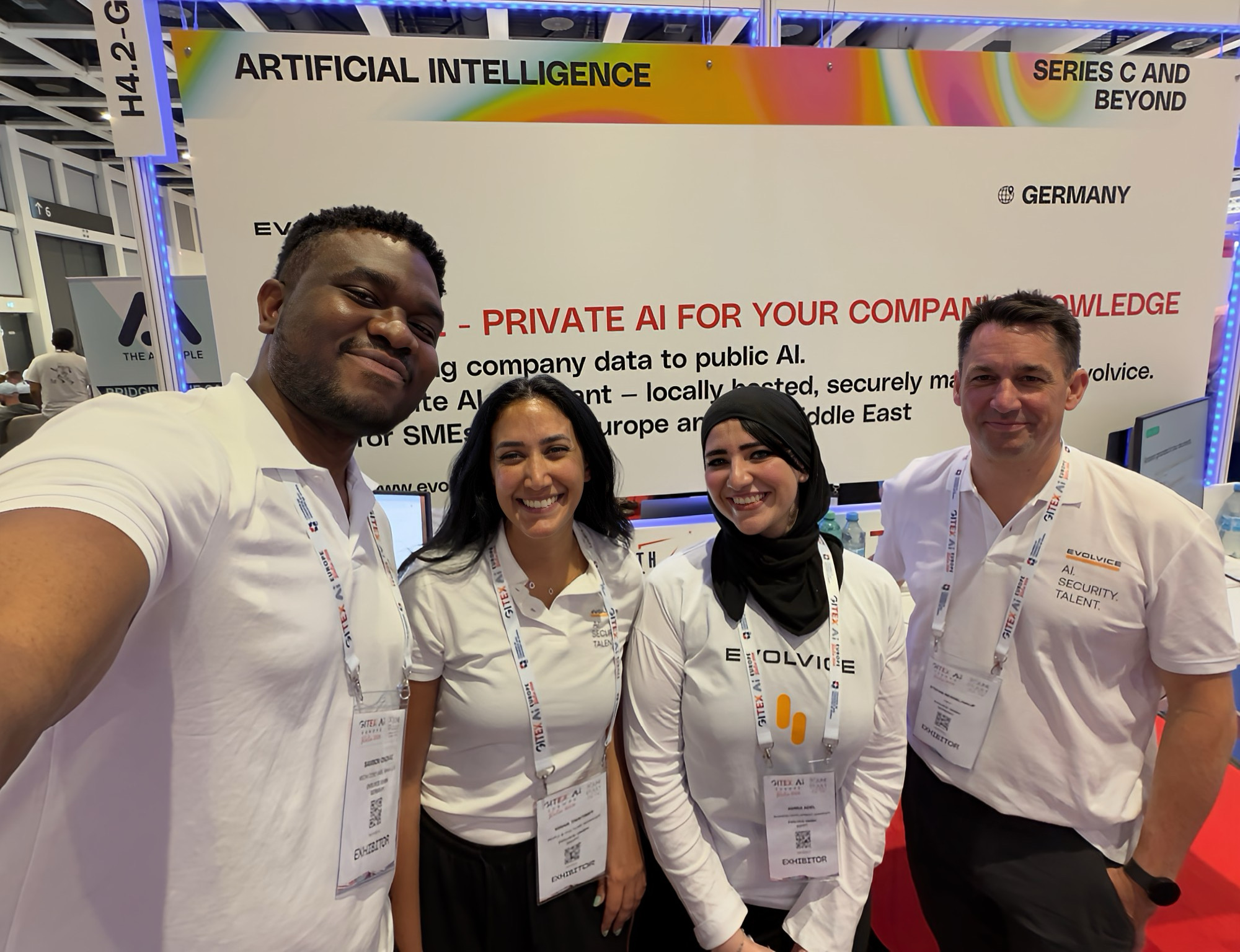 Evolvice team group photo at the GITEX Europe Berlin 2026 booth